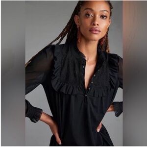 Anthropologie Black Ruffle Detail Blouse